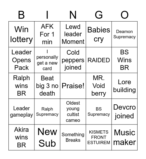 Cult bingo Card