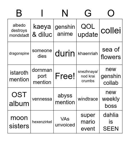 5.6 livestream Bingo Card