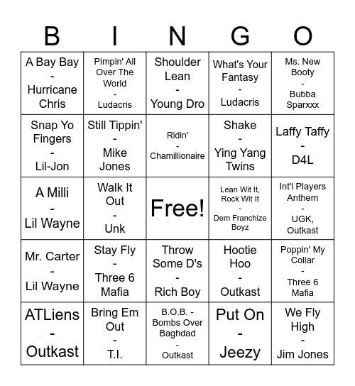 Dirty South Bingo Card