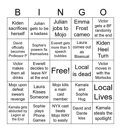 NYX Finale BINGO Card