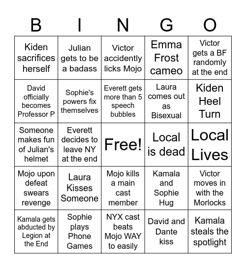 NYX Finale BINGO Card