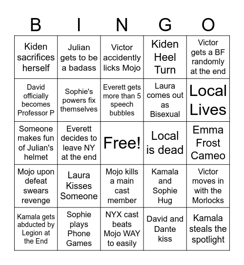 NYX Finale BINGO Card