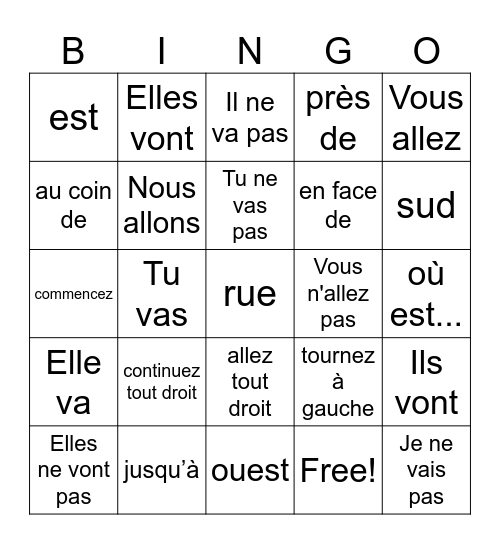 Aller et les Directions Bingo Card
