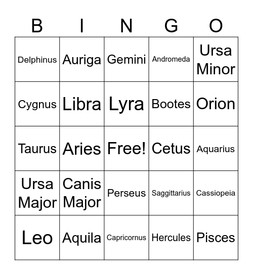 Constellation Bingo Card
