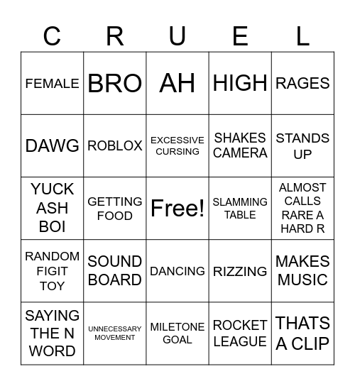 Cruelmaxtv Bingo Card
