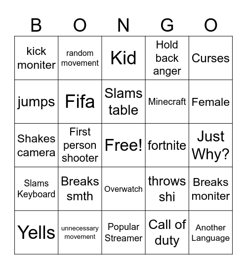 GAMER RAGE Bingo Card