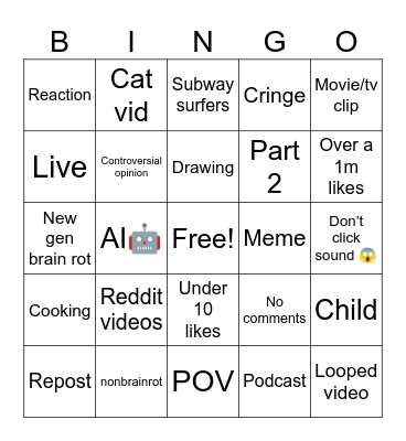 Youtube Bingo Card