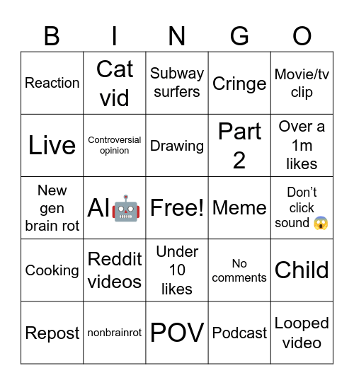 Youtube Bingo Card