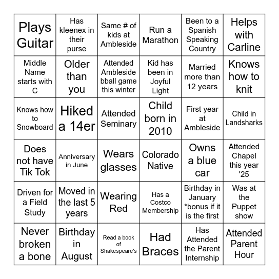 Ambleside Community Night Bingo Card