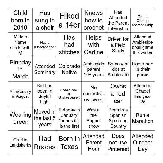 Ambleside Community Night Bingo Card