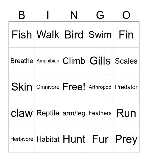 Animals Bingo Card