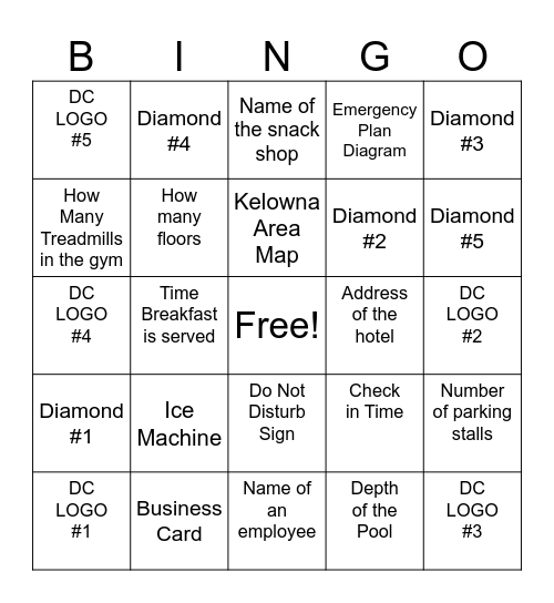 DC Diamond Team Bingo Card