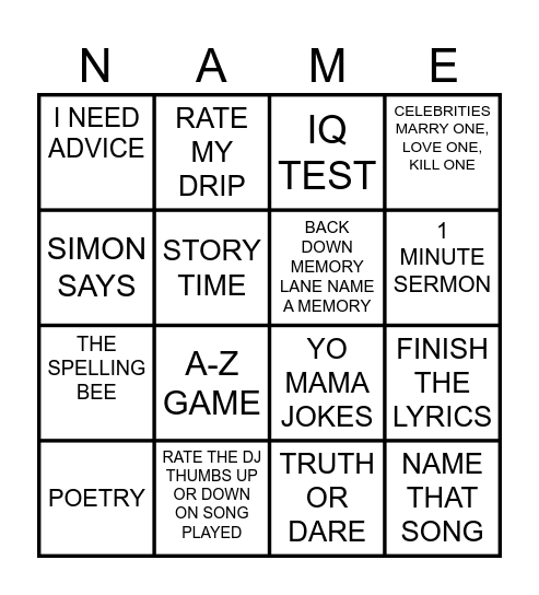 Categories Game Bingo Card