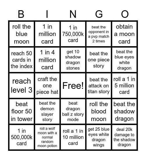 anime card class Bingo Card