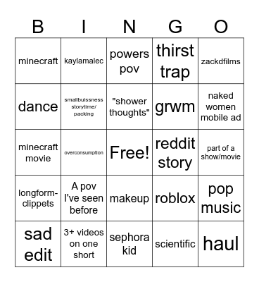 youtube shorts Bingo Card