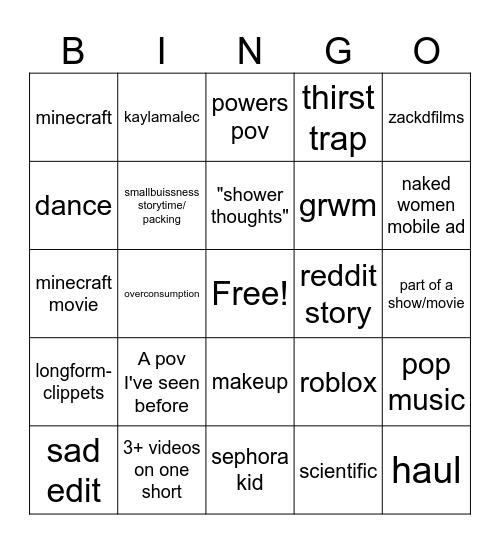 youtube shorts Bingo Card