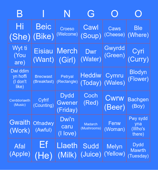 Welsh Bingo Card