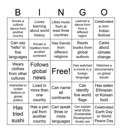 International Mindedness Bingo Card