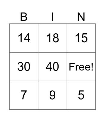 Number Bingo Card
