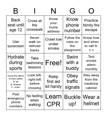 Safety first Bingo Card