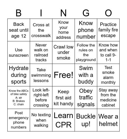 Safety first Bingo Card