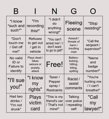 Karens vs. Cops Bingo Card