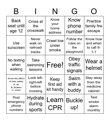 Safety first Bingo Card