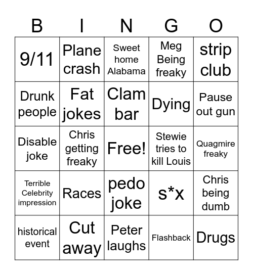 Family guy Bingo Card