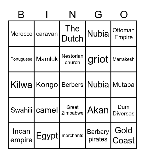 Chapter 6 History Bingo Card