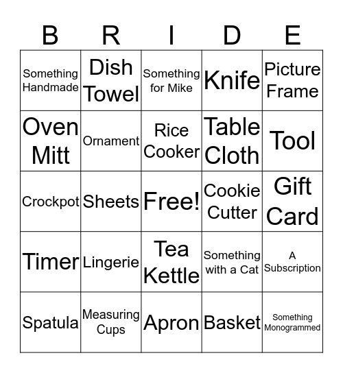 Bridal Shower Bingo Card