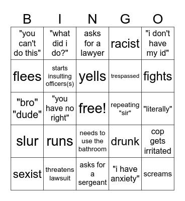 body cam bingo Card