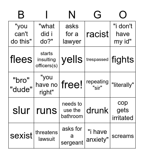 body cam bingo Card