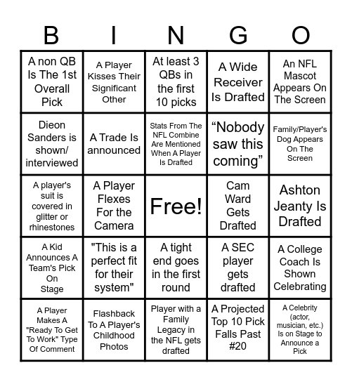 2025 NFL DRAFT Bingo Card
