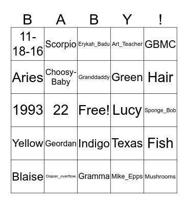 Geordan's Baby Shower Bingo Card