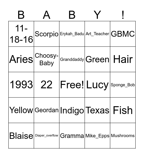 Geordan's Baby Shower Bingo Card