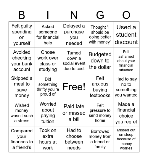 Money Habits Bingo Card