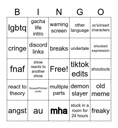 Gacha Life Bingo Reaction Edition Bingo Card