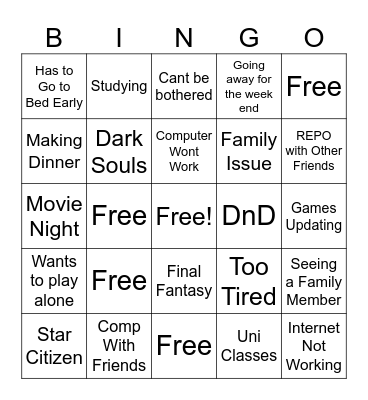 Ted Excuses Bingo Card