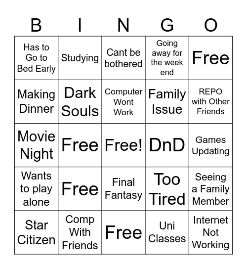 Ted Excuses Bingo Card