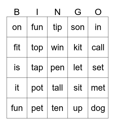 Short vowel sounds Bingo Card