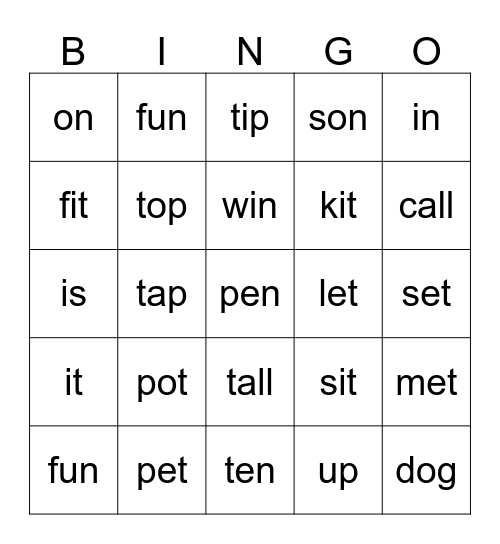 Short vowel sounds Bingo Card