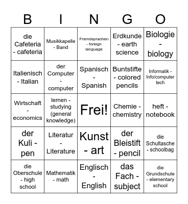School-Related Vocabulary Bingo Card