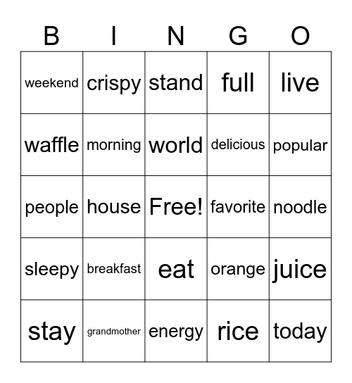 Lesson 1  Bingo Card