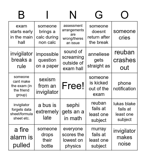 exam bingo Card