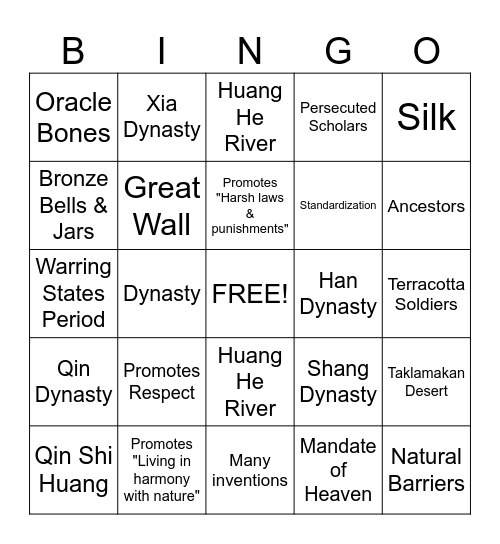 Ancient China Bingo Card
