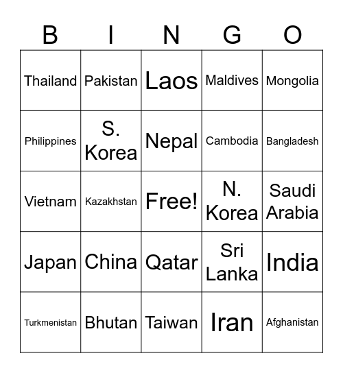 Asia Bingo Card