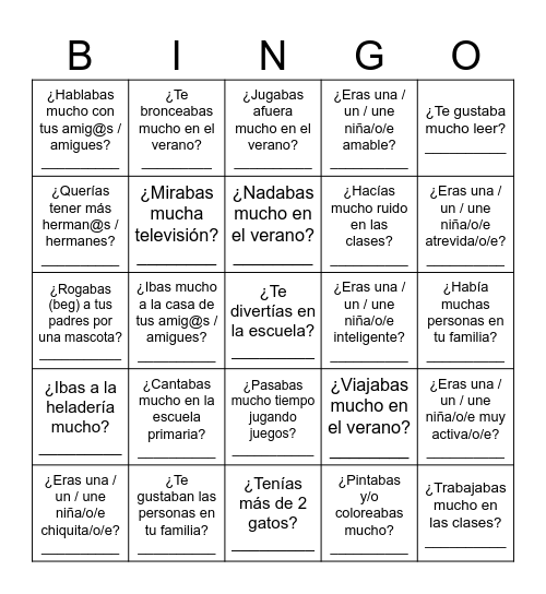 Cuando tenías 6 años… Bingo Card