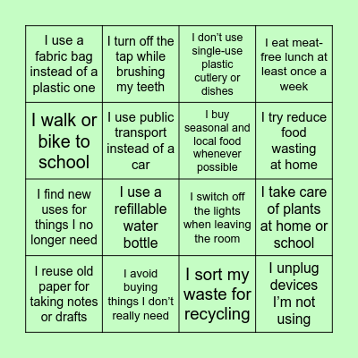Reducing My Footprint – A 7-Day Challenge Bingo Card