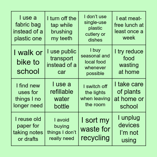 Reducing My Footprint – A 7-Day Challenge Bingo Card