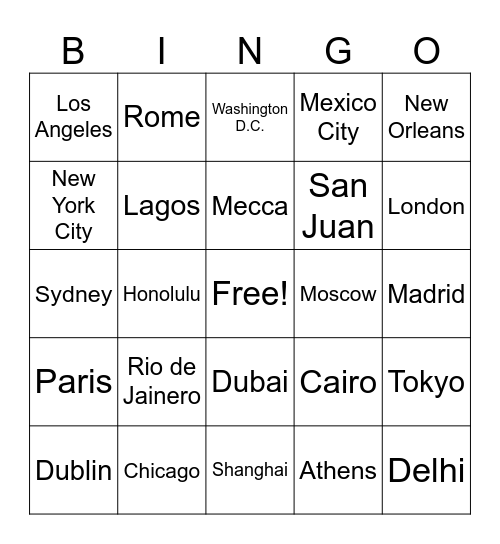 Guess That City Bingo Card